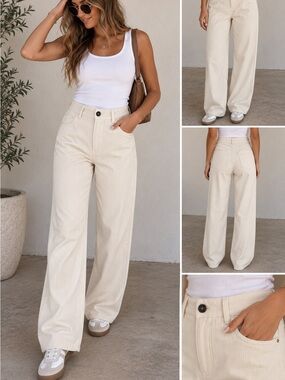 High-Waist Wide-Leg Corduroy Pants in Cream